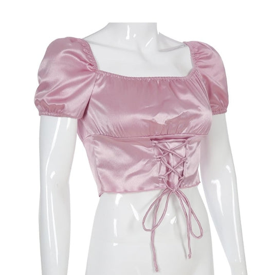 Cute Vintage Pink Silky Satin Short Sleeve Shirt Crop Top Lace Up Elegant Aesthetic Casual Summer E-Girl Kawaii Korean Japanese Harajuku