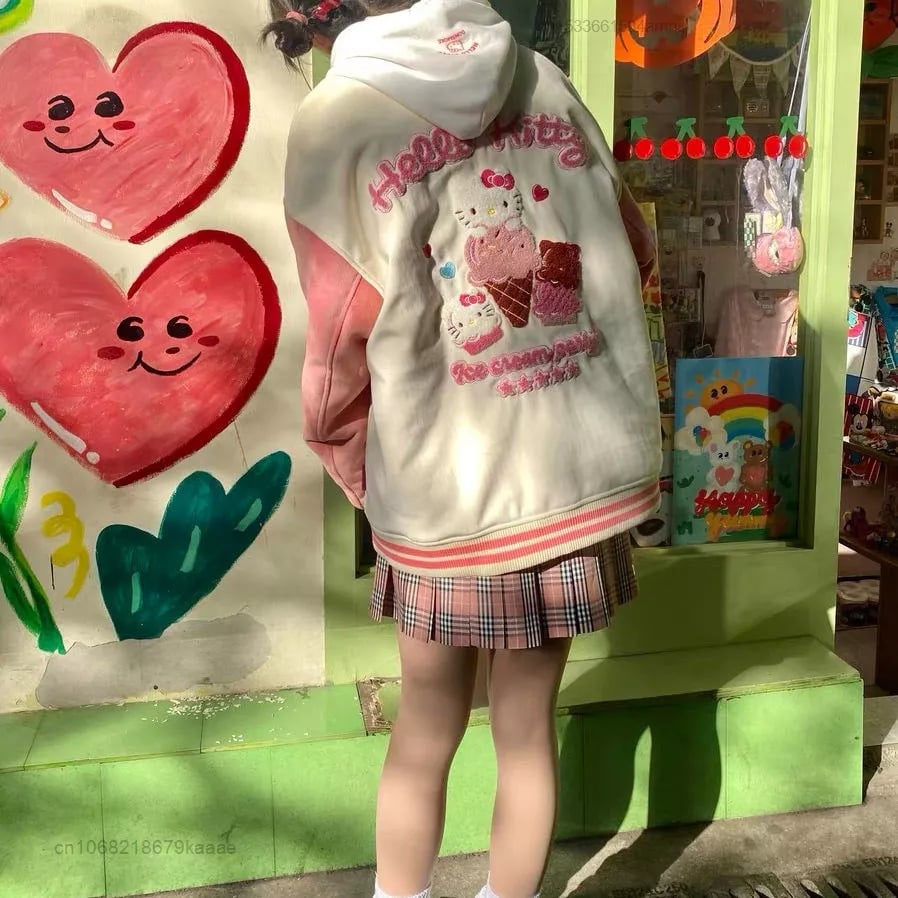 Pink Japanese Anime Cat Embroidery Patchwork Varsity Baseball Jacket