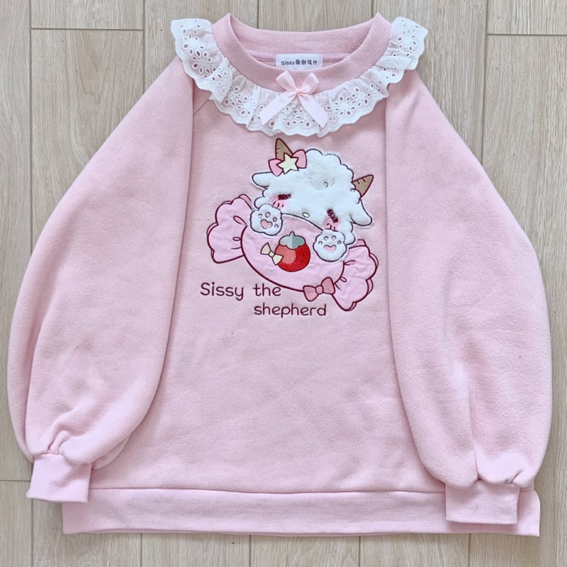 Pink Pastel Lamb Embroidery Lace Sweatshirt Sweater Long Sleeve Shirt Pullover Jumper E-Girl Kawaii Korean Japanese Harajuku Streetwear