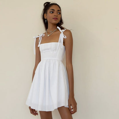 White Lace Up Backless Dress