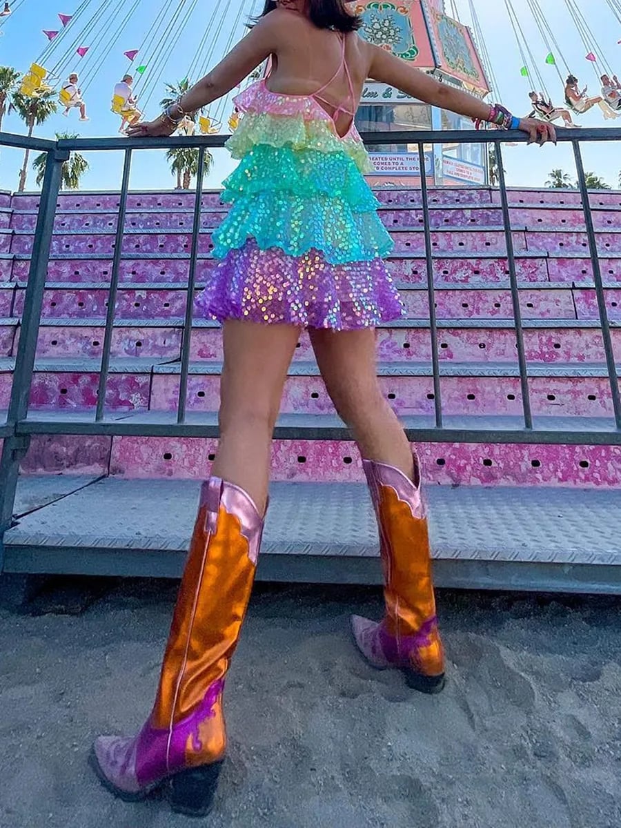 Rainbow Sequin Layered Ruffle Dress
