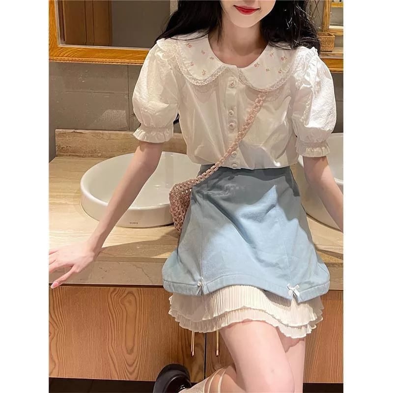 White Preppy Flower Embroidery Short Sleeve Blouse