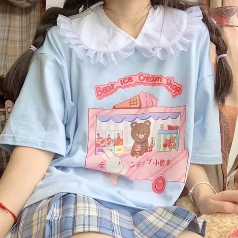 Sweet Bear Ice Cream Shop Print Loose Short Sleeve T-shirt