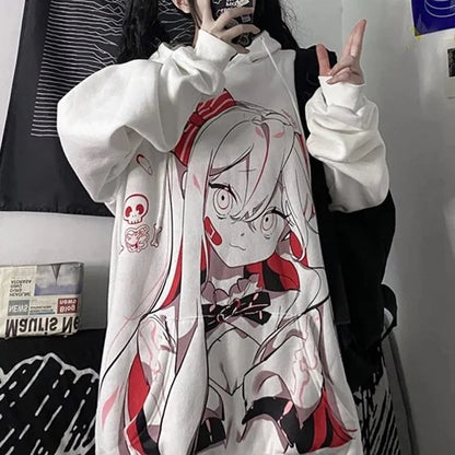 Cute Pink Anime Girl Cartoon Graphic Print Oversized Fleece Hoodie Sweatshirt Aesthetic Casual E-Girl Kawaii Korean Japanese Harajuku