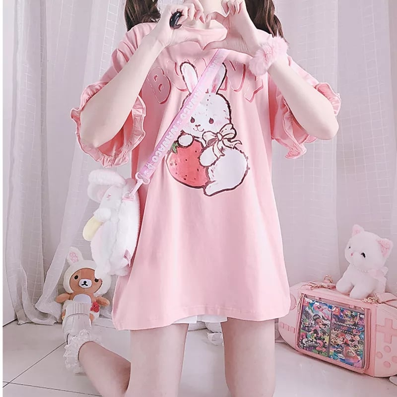Pink Rabbit Ruffle Loose Short Sleeve T-shirt