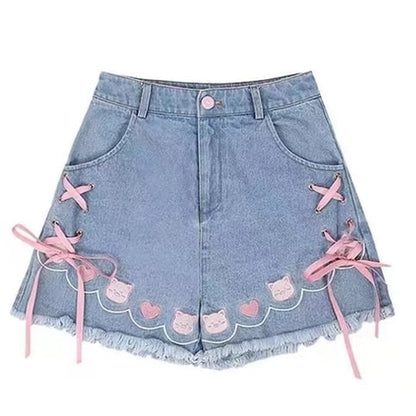 Cat Embroidery Pink Ribbon Denim Shorts