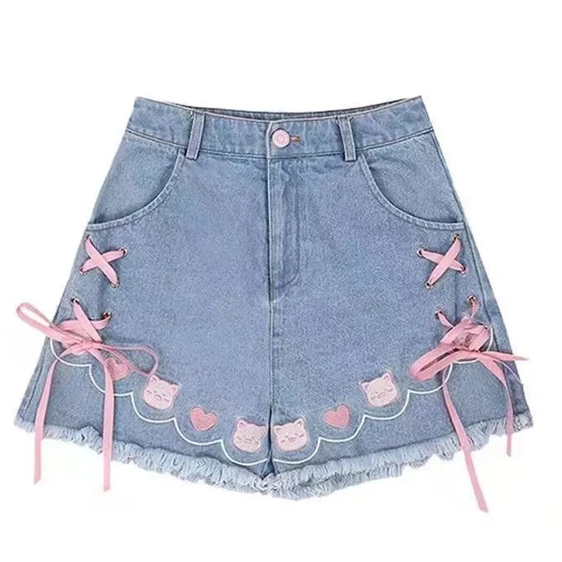 Cat Embroidery Pink Ribbon Denim Shorts