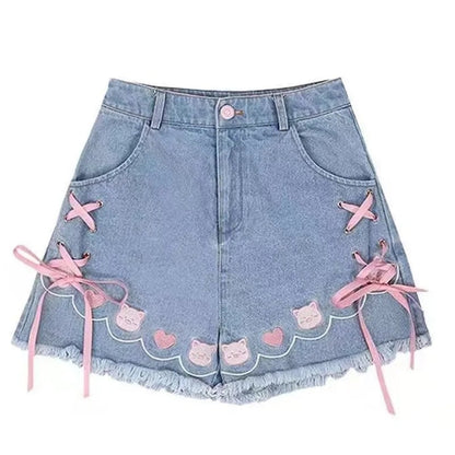 Cat Embroidery Pink Ribbon Denim Shorts