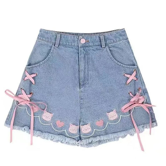 Cat Embroidery Pink Ribbon Denim Shorts