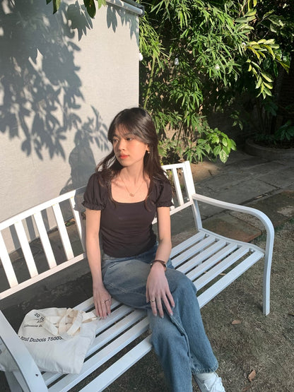 Black Puff Sleeve Square Collar Top
