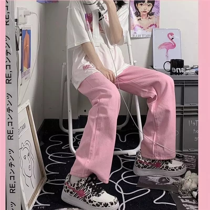 Cute Pink Baggy Oversized Loose Low Rise Wide Leg Denim Pants Trousers Aesthetic Casual Summer E-Girl Kawaii Korean Japanese Harajuku