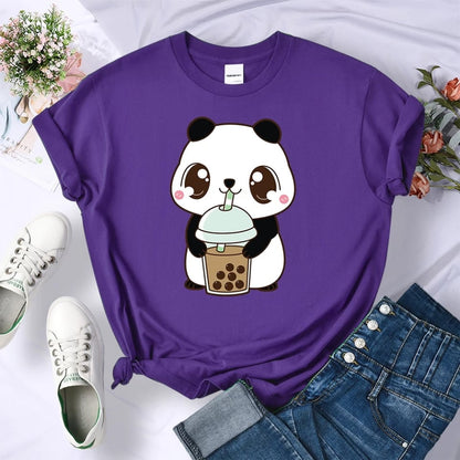 Cute Panda Bear Boba Bubble Milk Tea Graphic Cartoon Print Loose Short Sleeve T-shirt Aesthetic Casual Summer E-Girl Kawaii Korean Japanese Harajuku
