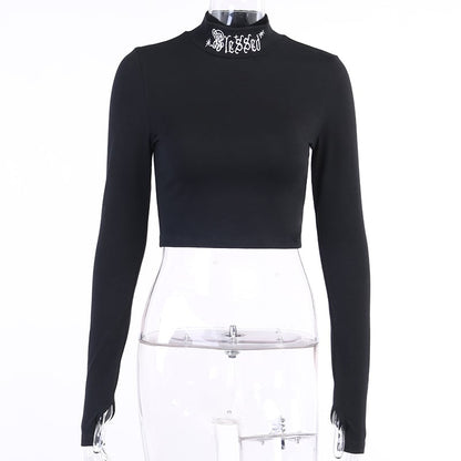 Black Rebel Letter Embroidery Turtleneck Crop Top Long Sleeve Shirt T-shirt Top Goth Punk Casual E-Girl Kawaii Korean Japanese Harajuku Streetwear