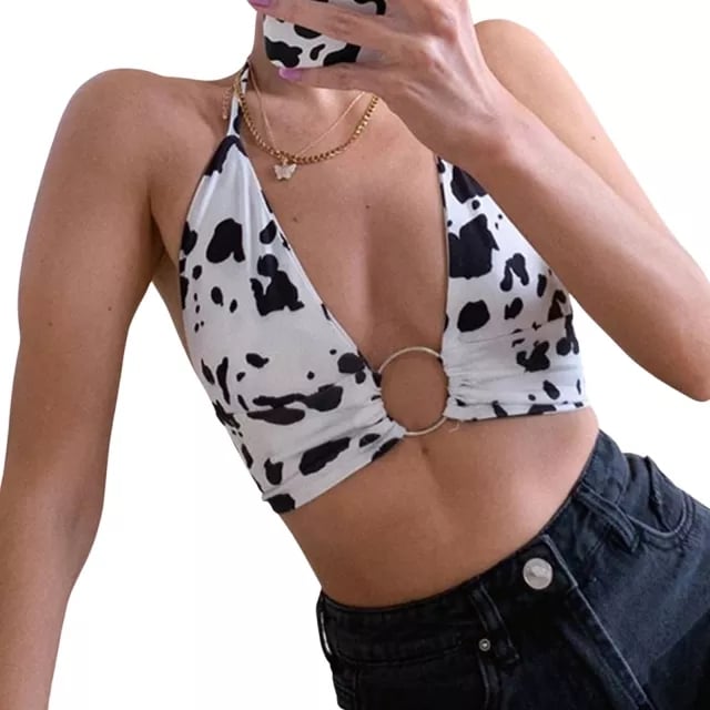 Cute Cow Print V Neck Crop Top Sleeveless Shirt Sling Halter Summer Aesthetic Casual E-Girl Kawaii Korean Japanese Harajuku