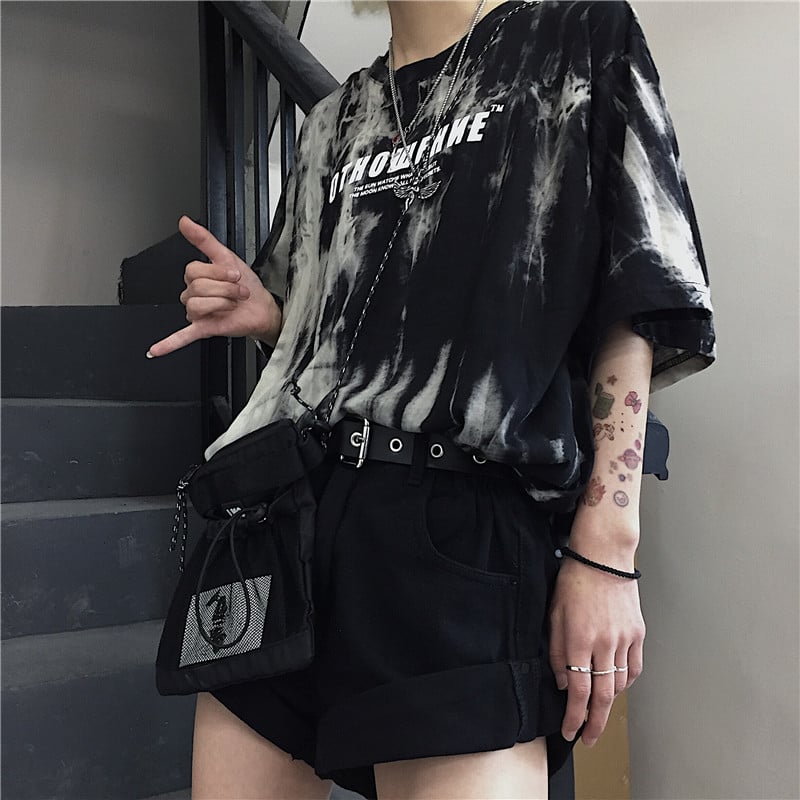 Cute Smoke Ash Print Loose Oversized Crop Top Short Sleeve Shirt Tee T-shirt E-Girl Kawaii Korean Japanese Harajuku Chinese Retro Streetwear Punk Goth