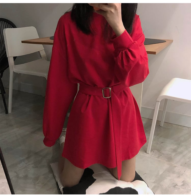 Cute Solid Color Long Sleeve T-shirt Shirt Dress With Belt Loose Oversized Woman Spring Autumn E-Girl Kawaii Korean Japanese Harajuku Retro Streetwear