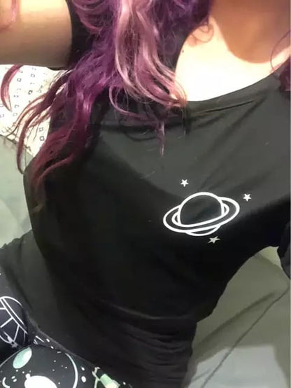 Black Planet Star Print Casual Summer Crop Top Short Sleeve Tee Shirt T-shirt Top E-Girl Kawaii Korean Japanese Harajuku Streetwear