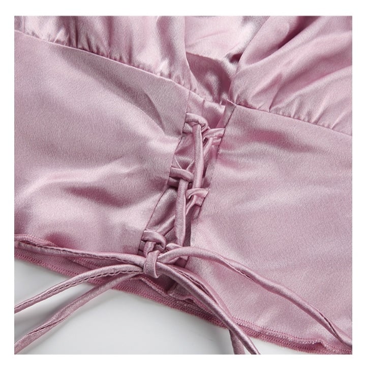 Cute Vintage Pink Silky Satin Short Sleeve Shirt Crop Top Lace Up Elegant Aesthetic Casual Summer E-Girl Kawaii Korean Japanese Harajuku