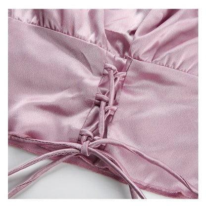 Cute Vintage Pink Silky Satin Short Sleeve Shirt Crop Top Lace Up Elegant Aesthetic Casual Summer E-Girl Kawaii Korean Japanese Harajuku
