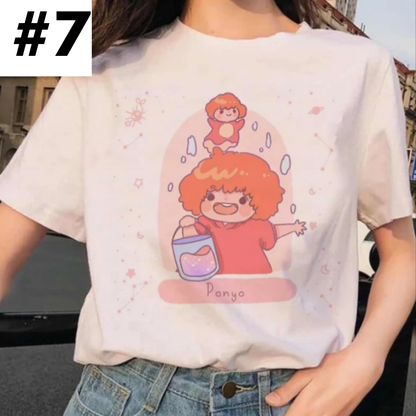 Cute Japanese Anime Cartoon Graphic Print Loose White Short Sleeve Shirt