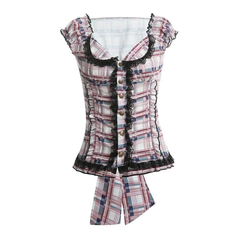 Plaid Ruffle Square V Neck Short Sleeve Top