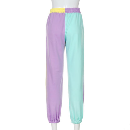 Cute Patchwork Color Contrast Baggy Jogger Pink Blue Sweatpants High Waist Trousers E-Girl Kawaii Korean Japanese Harajuku Retro Streetwear Aesthetic