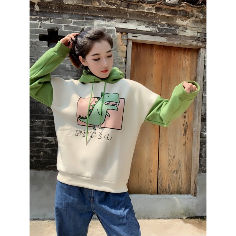 Cute 3D Funny Dinosaur Cartoon Hoodie With Horns Sweatshirt Sweater Long Sleeve Pullover Cosplay E-Girl Kawaii Korean Japanese Harajuku Streetwear