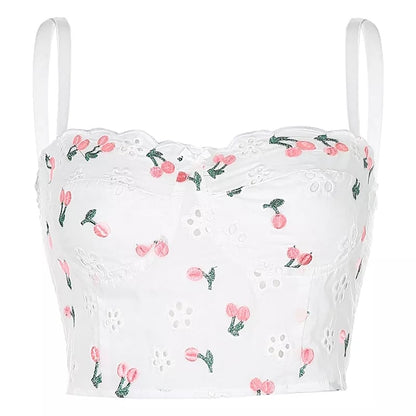 White Cherry Floral Embroidery Milkmaid Corset Top Summer Aesthetic Casual E-Girl Kawaii Korean Japanese Harajuku