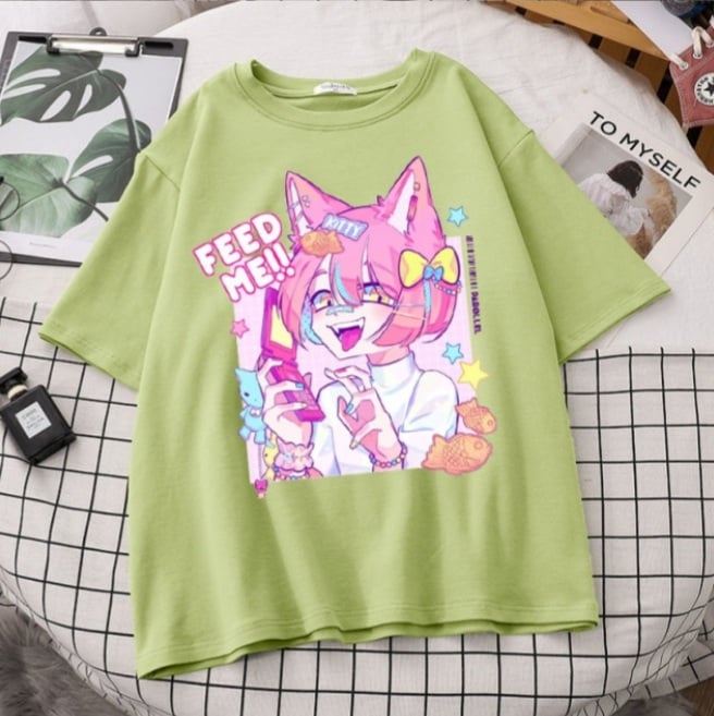 Cute Pastel Sweet Fox Anime Girl Cartoon Print Short Sleeve T-shirt Loose Punk Aesthetic Casual Summer E-Girl Kawaii Korean Japanese Harajuku