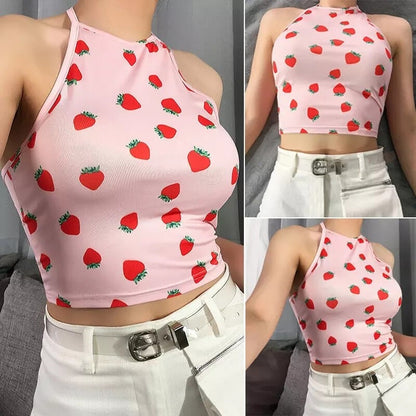 Cute Pink Strawberry Print Crop Top Camisole Spaghetti Strap Tank Shirt Tee T-shirt E-Girl Kawaii Korean Japanese Harajuku Retro Streetwear Aesthetic