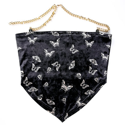Cute Sexy Butterfly Chain Velvet Halter Tank Cami Crop Top Shirt Tee T-shirt E-Girl Kawaii Korean Japanese Harajuku Chinese Retro Streetwear Aesthetic