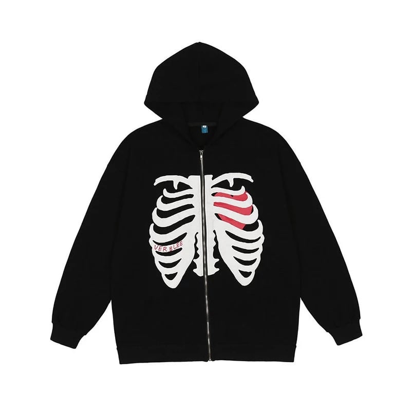 Retro Rib Skeleton Print Long Sleeve Hoodie Jacket Zipper Pullover Casual E-Girl Kawaii Korean Japanese Harajuku Streetwear