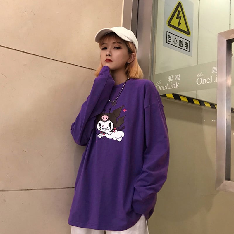 Cute Purple Devil Demon Print Anime Cartoon Casual Oversized Long Sleeve Tee Shirt T-shirt Top E-Girl Kawaii Korean Japanese Harajuku Streetwear