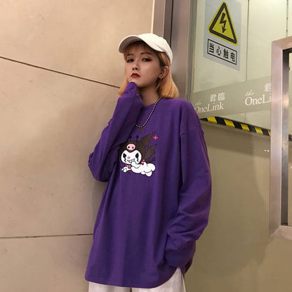 Cute Purple Devil Demon Print Anime Cartoon Casual Oversized Long Sleeve Tee Shirt T-shirt Top E-Girl Kawaii Korean Japanese Harajuku Streetwear