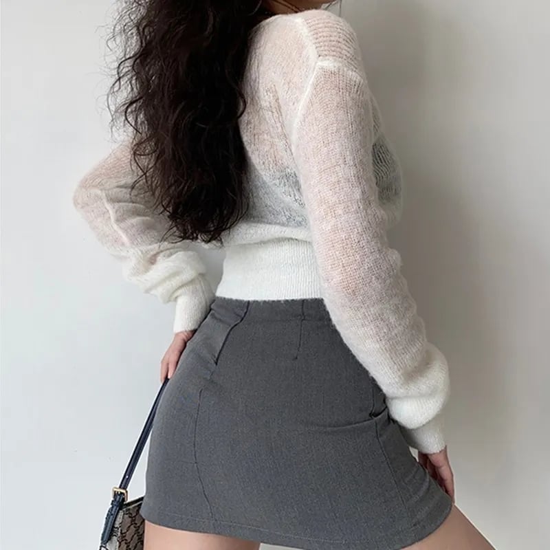 See Through V Neck Cropped Long Sleeve Cardigan