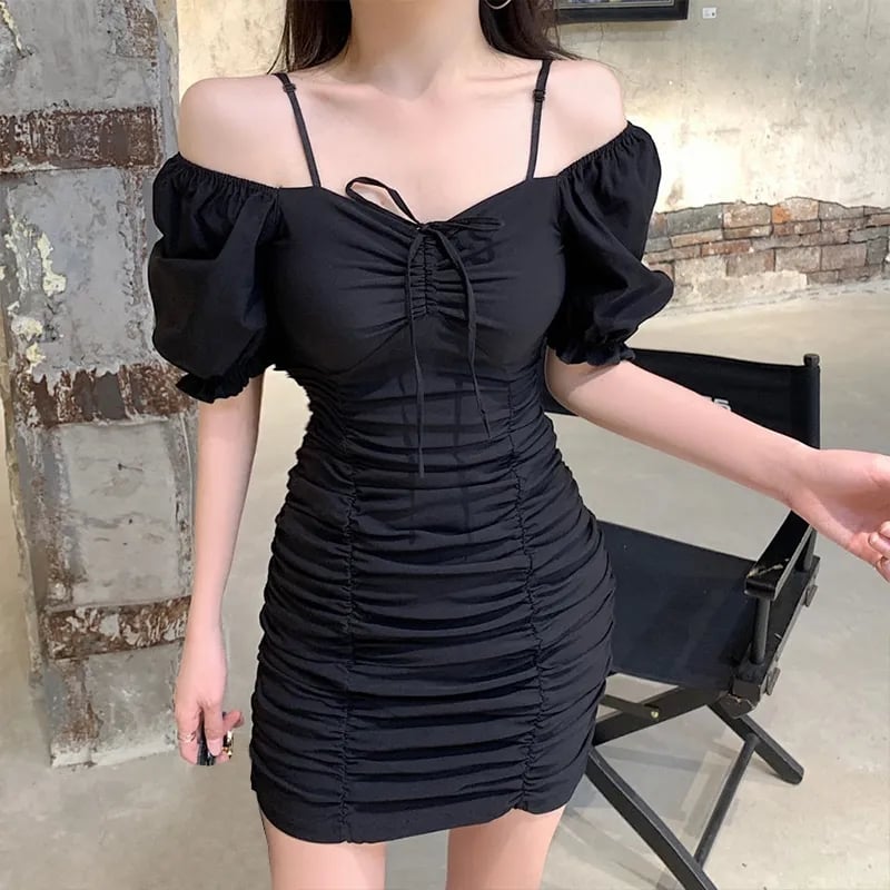 White Puff Sleeve Drawstring Ruched Mini Dress