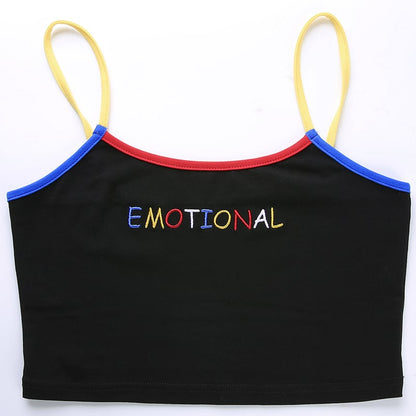 Cute Black Emotional Embroidery Crop Top Camisole Spaghetti Tank Shirt Tee T-shirt E-Girl Kawaii Korean Japanese Harajuku Retro Streetwear Aesthetic