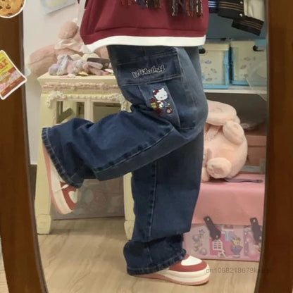 Kitty Cat Embroidery Wide Leg Denim Trousers