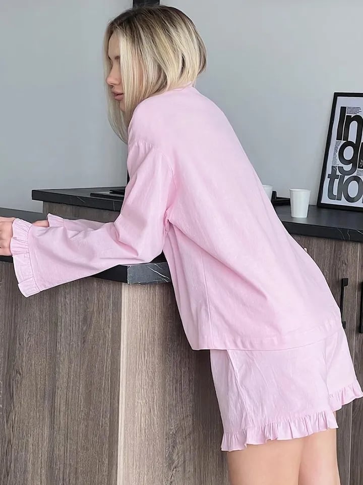 2PCS Pink Ruffle Long Sleeve Shirt + Shorts Pajama Set