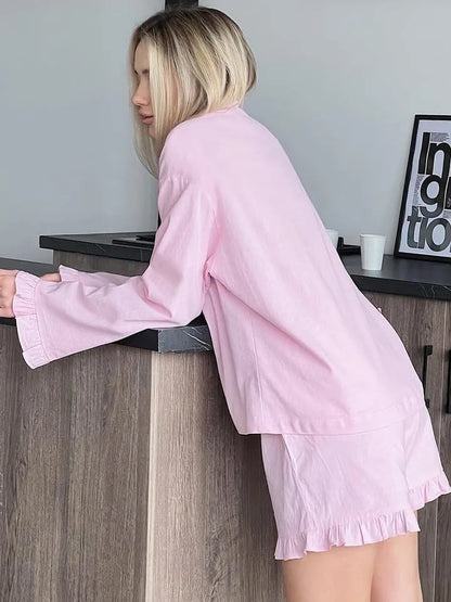 2PCS Pink Ruffle Long Sleeve Shirt + Shorts Pajama Set