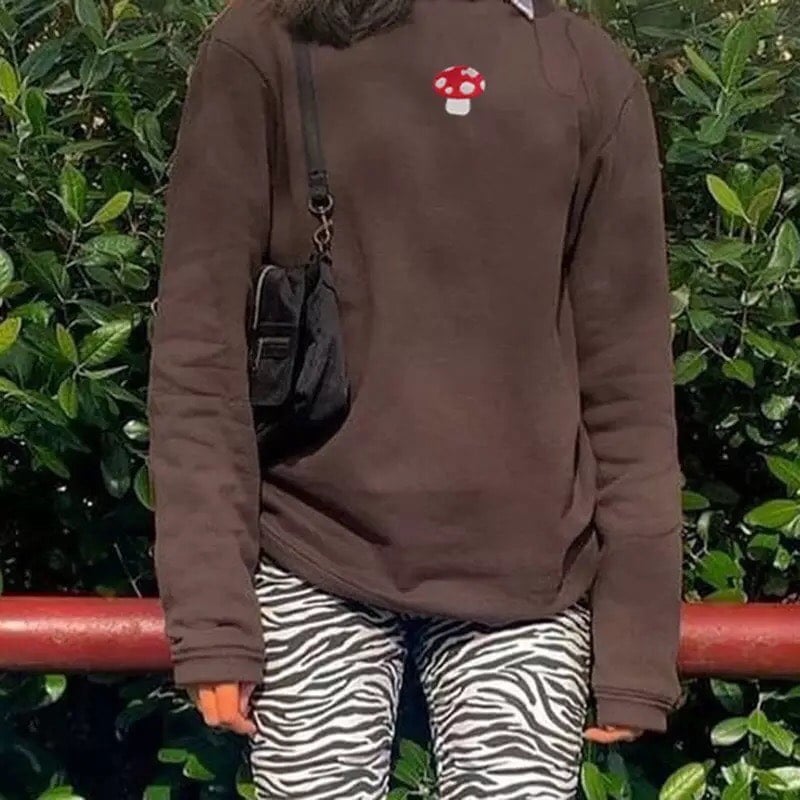 Cute Brown Mushroom Embroidery 90s Vintage Crew Neck Sweater Sweatshirt Hoodie Long Sleeve Aesthetic E-Girl Kawaii Korean Japanese Harajuku Streetwear