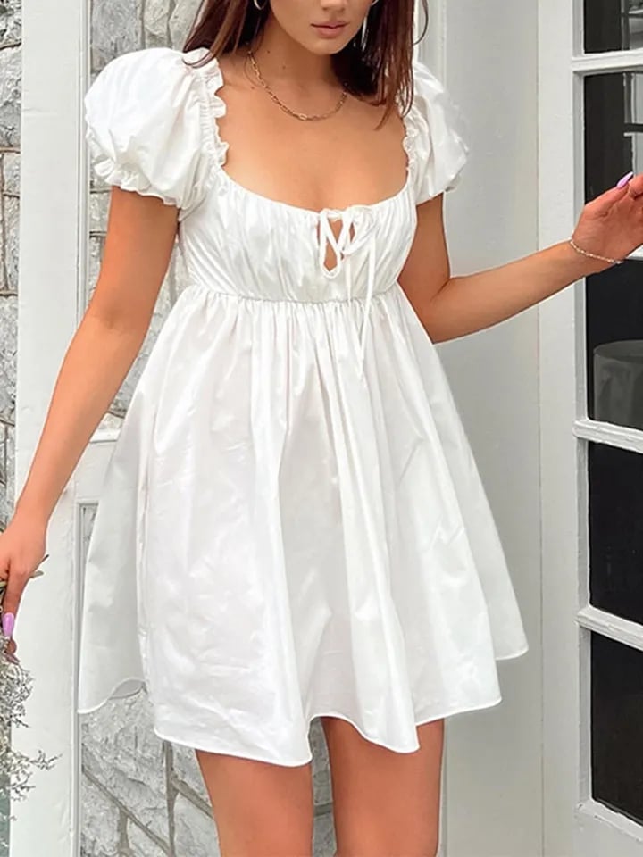 White Puff Sleeve Ruffle Trim Mini Dress