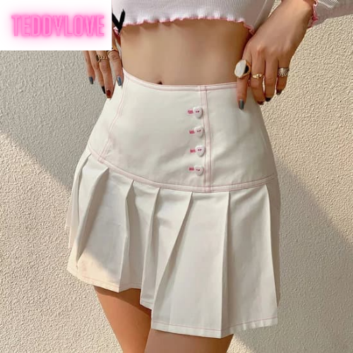 Cute Sweet White Heart Button Pleated Zipper Patchwork High Waisted Mini Skirt Bottoms Aesthetic Casual Summer E-Girl Kawaii Korean Japanese Harajuku