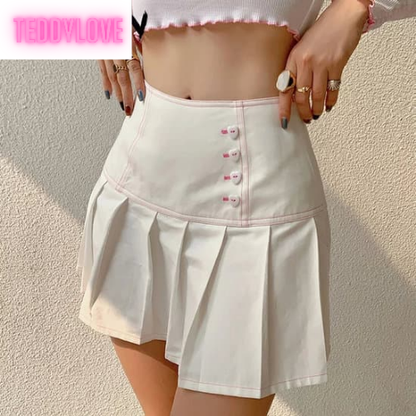 Cute Sweet White Heart Button Pleated Zipper Patchwork High Waisted Mini Skirt Bottoms Aesthetic Casual Summer E-Girl Kawaii Korean Japanese Harajuku