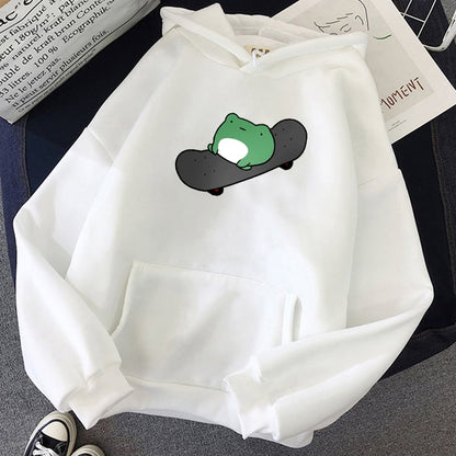 Skateboard Frog Cartoon Casual Loose Oversized Hoodie Sweater Sweatshirt Long Sleeve Pullover E-Girl Kawaii Korean Japanese Harajuku Streetwear