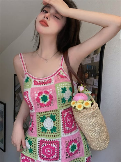Pink Crochet Square Mini Dress