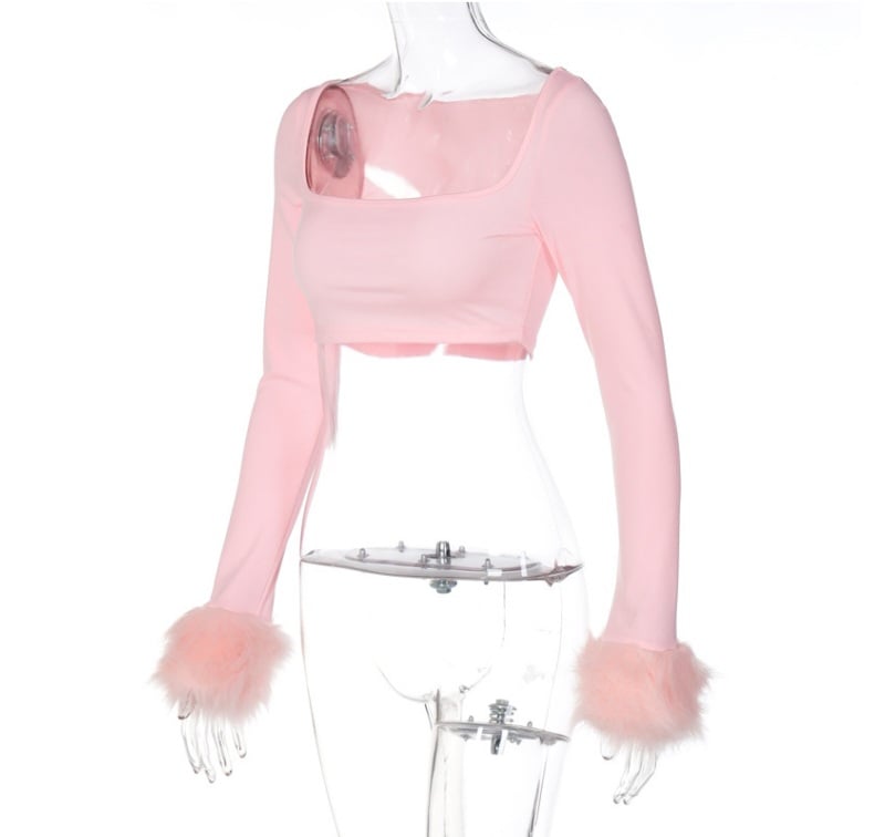Pink Furry Cuff Long Sleeve Crop Top