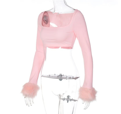 Pink Furry Cuff Long Sleeve Crop Top