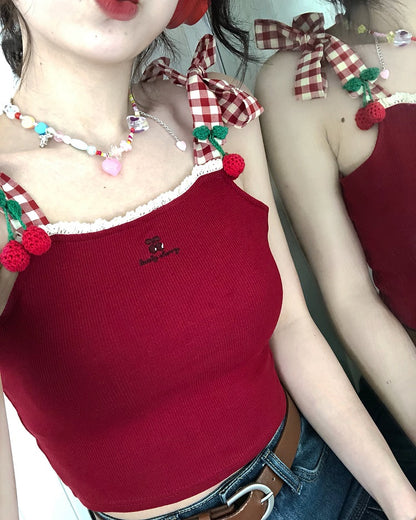 Cherry Red Plaid Embroidery Tank Top