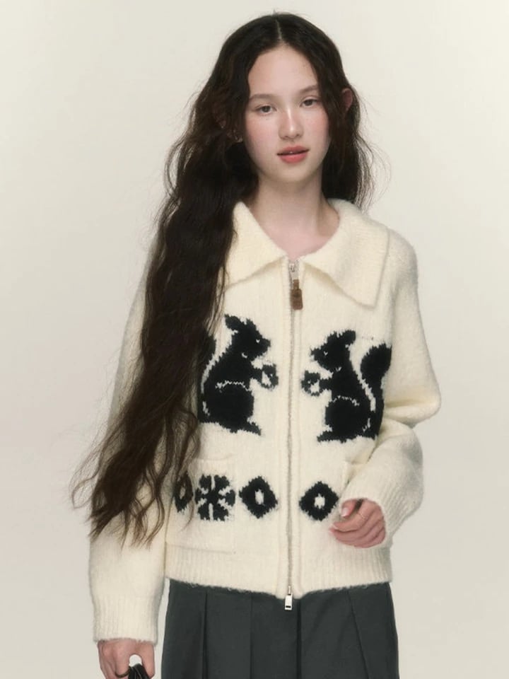 Squirrel Graphic Zipper Sweater